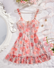 Sexy Rose Print Sheer Mesh Lounge Nightdress
