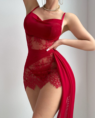 Sexy Sheer Mesh Lace Trim Strappy Lingerie Nightdress