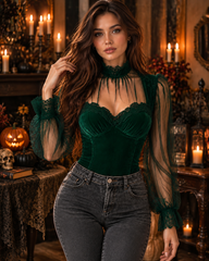 Velvet Sheer Lace Mesh Puff Sleeves Top