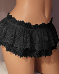 Ruffled Lace Open-Back Thong Panty with Bow Detail