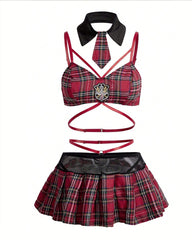 Plaid Costume Schoolgirl Strappy Bra & Pleated Mini Skirt Set