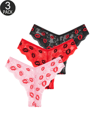 3-Pack Floral Lace Semi-Sheer Low-Rise Briefs Panties with Lip Print