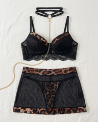 Sexy Lace Mesh Leopard Print Sheer Mini Skirt Lingerie Set