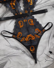 Halloween Sexy Halter-Neck Backless Pumpkin Skull Print Bodysuit Lingerie