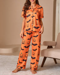 Halloween Pumpkin & Bat Print Short Sleeve Pajama Set