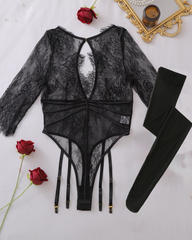 Sexy Eyelash Lace Sheer Mesh Cutout Slim-Fit Bodysuit