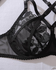 Black Embroidered Mesh Lace-Up Corset Garter Lingerie Set