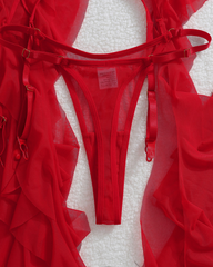 Rose Appliqué Sheer Mesh Ruffle Lingerie Set