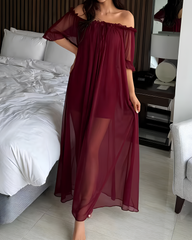 Sexy Sheer Mesh Ruffle Off-the-Shoulder Long Nightgown