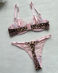 Leopard Print Pink Floral Lace Bra & Panty Set