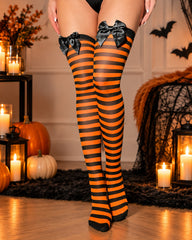 2 Pairs Halloween Colorblock Striped Bow Pumpkin Stockings