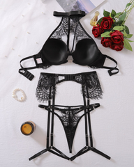 Sexy Black Lace Halter Garter Lingerie Set
