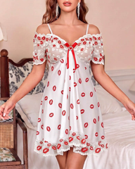 Lip Print Lace Babydoll Nightdress with Satin Bow