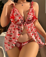 Plus Size Cherry Print Babydoll Lingerie Set with Matching Panties
