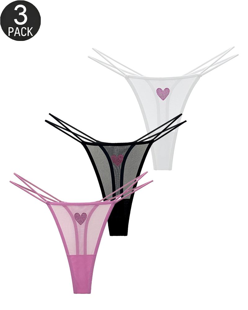 3-Pack Rhinestone Heart Sheer Mesh Thong Panties