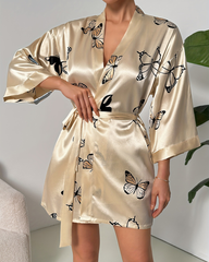 Elegant Champagne Satin Butterfly Print Kimono Robe