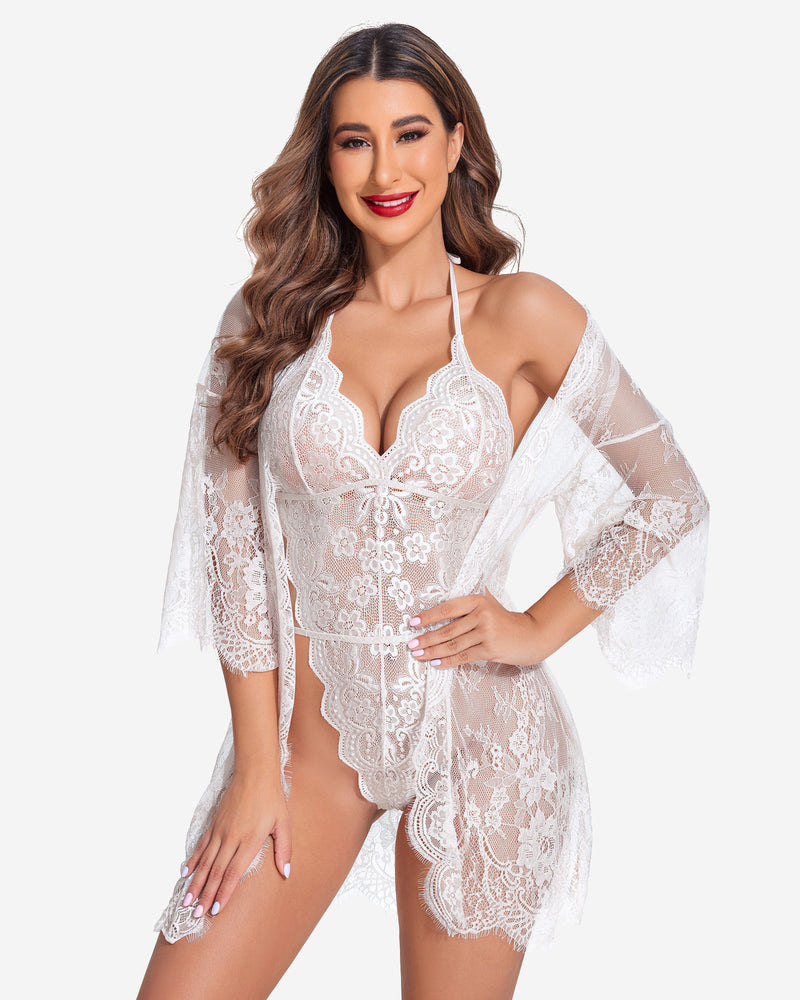 2 Piece Set Lace Robe with Teddy