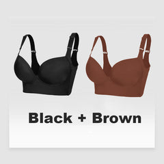 Full-Coverage V-Neck Back Smoothing Bra- Black+Brown (2 Pack)