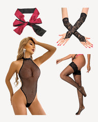 Hollow Sheer Mesh Halter Bodysuit