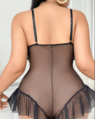 Sexy Semi Transparent Mesh Colorful Floral Embroidery Bodysuit