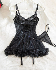 Sexy French-style Lace Mesh Sequined Lingerie Set