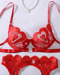 See-through Heart Embroidery Push-up Sexy Lingerie Set