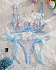 Sexy Flower Embroidered Mesh Lace Gathered Bra Set