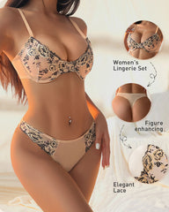 Sexy French-style Ultra-thin Push-up Floral Embroidered Mesh See-through Lingerie Set