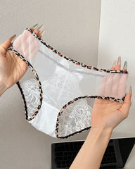 Leopard Print Lace Patchwork Mesh See-through Cutout Bell Bow Decoration Panties