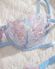 Sexy Flower Embroidered Mesh Lace Gathered Bra Set