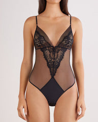 Black Floral Lace Mesh See-through Deep V Sexy Bodysuit