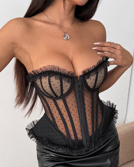 Polka Dot Lace Fishbone Underwire Lace-up See-through Sexy Strapless Top