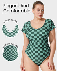 Traje de baño modesto de una pieza con mangas cortas y marca de verificación verde