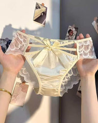 Sexy Low-rise Satin Bow-embroidered See-through Lace Panties