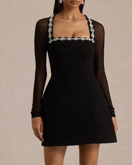 Black Crepe Rhinestone Square Neck Sheer Mesh Long-sleeved Mini Dress