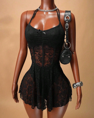 Lace Patchwork Halter Backless Dress
