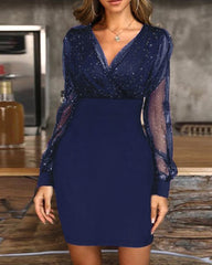 Sexy Slim Fit Mesh V-neck Sequined Dress