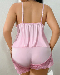Plus Size Lace Satin V-Neck Camisole and Shorts Pajama Set