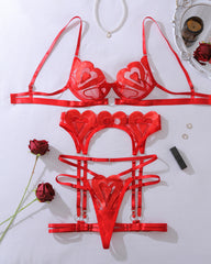 See-through Heart Embroidery Push-up Sexy Lingerie Set