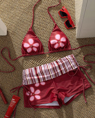 Halter Neck Floral Striped Bikini Swimsuit Set