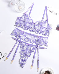 Purple Sexy Floral Embroidered Lace Mesh Sheer See-through Hollow-out Lingerie Set
