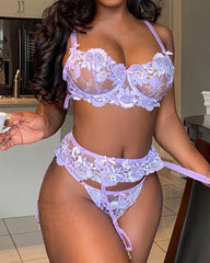 Purple Sexy Floral Embroidered Lace Mesh Sheer See-through Hollow-out Lingerie Set