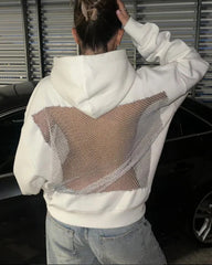 Fashion Solid Color Backless Cutout Mesh Panel Long-sleeved Hooded Sweatshirt
