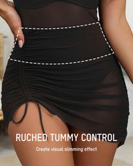 Traje de baño de una pieza con control de abdomen y panel de malla en V