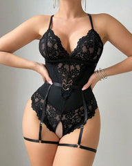 Deep V Sexy Floral Lace Open Crotch Bodysuit Lingerie