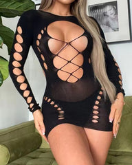 Sexy Fishnet Long-sleeved Backless Hollow Stretch Hip Dress