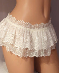 Ruffled Lace Open-Back Thong Panty with Bow Detail