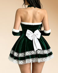 Christmas Santa Velvet Lace Trim Mini Dress with Bunny Ear Headband