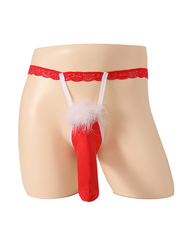 Men's Red Lace Waistband Thong with White Feather Trim