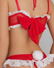 Christmas Red Sheer Mesh Bow Halter Lace Cutout Teddy Bodysuit